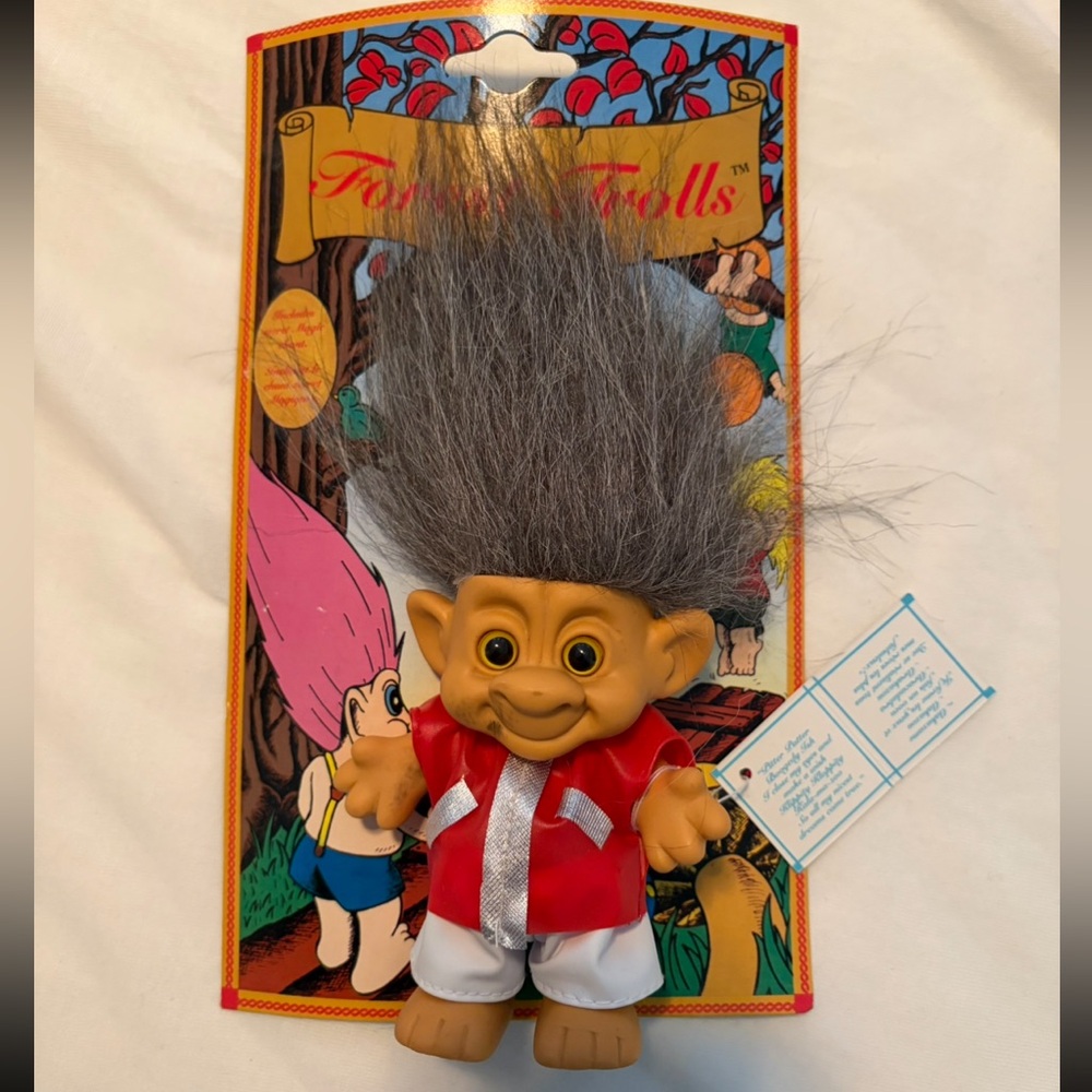 Vintage troll Doll on Original Card Grey Hair Red Outfit 1990s - forest troll
